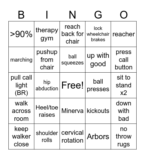 PT Chair Bingo Card