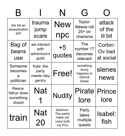 We kill a duke, no wait i mean Bingo Card
