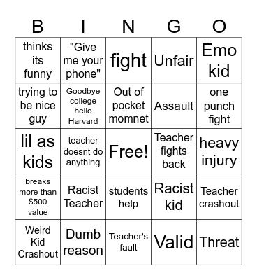 School Crashouts Bingo Card