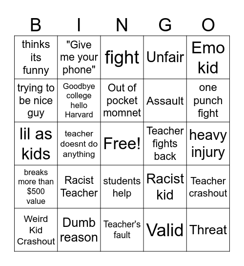 School Crashouts Bingo Card