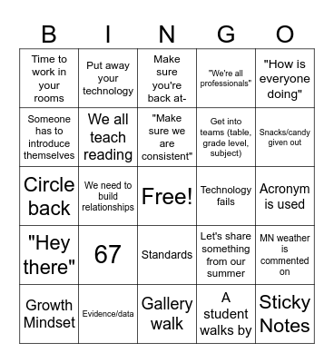First Week Bingo Card