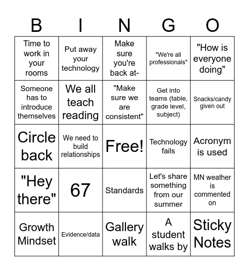 First Week Bingo Card