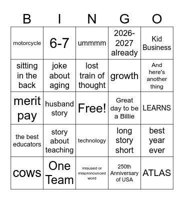 Back to School Bingo Card