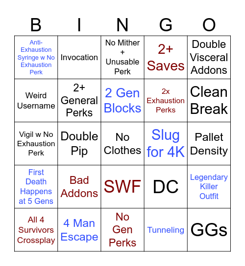 Dead by Daylight Chaos Shuffle Bingo Card
