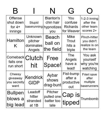 Angels baseball bingo Card