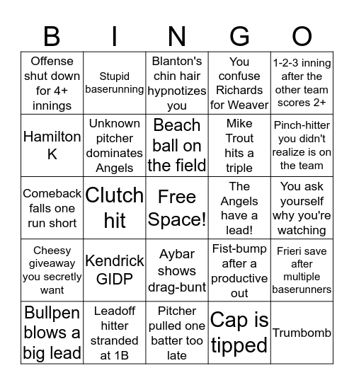 Angels baseball bingo Card