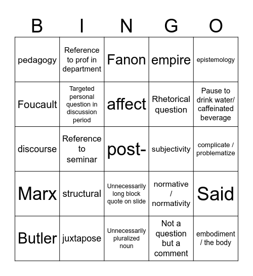 Colloquium Bingo Card