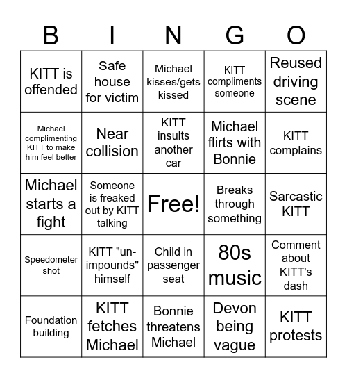 80s Knight Rider Bingo Card
