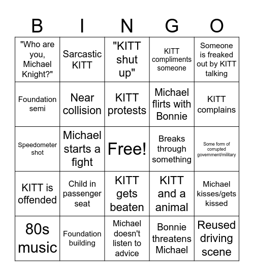 80s Knight Rider Bingo Card