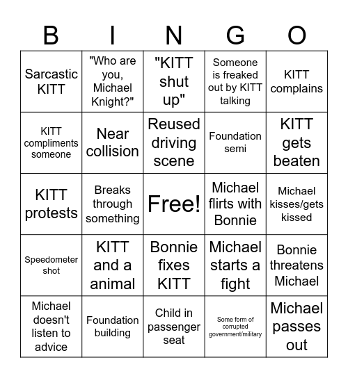 80s Knight Rider Bingo Card