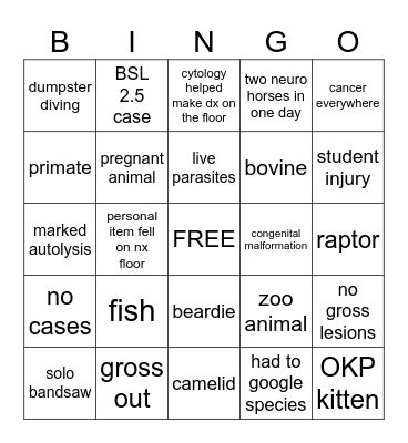 Necropsy Bingo Card