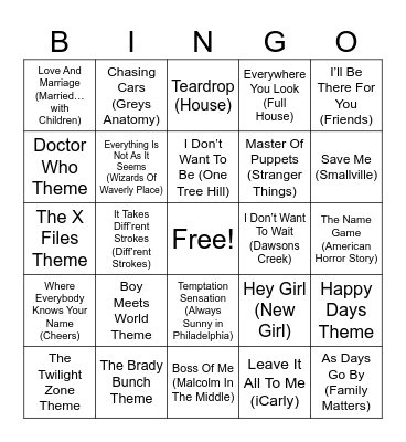 Songs From TV Shows Bingo Card