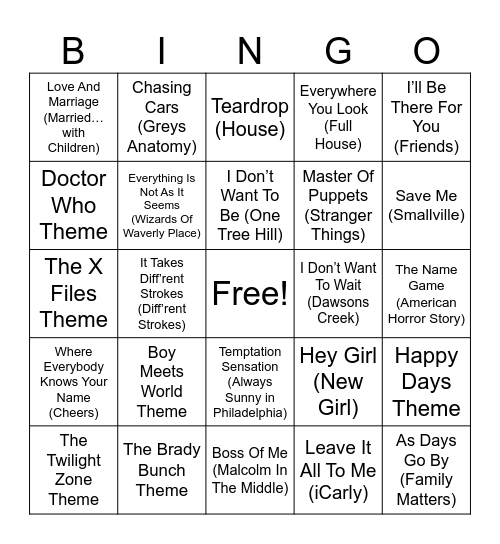 Songs From TV Shows Bingo Card
