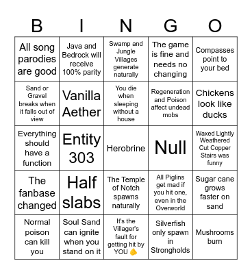 Minecraft Myths Bingo Card