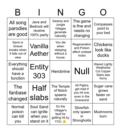 Minecraft Myths Bingo Card