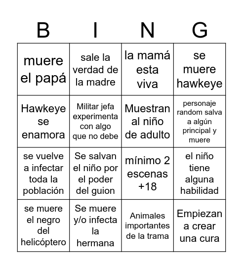 28 weeks later Bingo Card