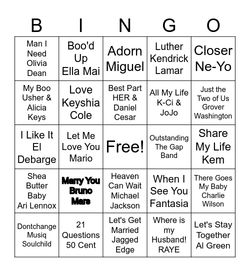 Wedding Music Bingo Card