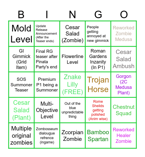 RFL Roman Gardens (Teaser Party's) Bingo Card