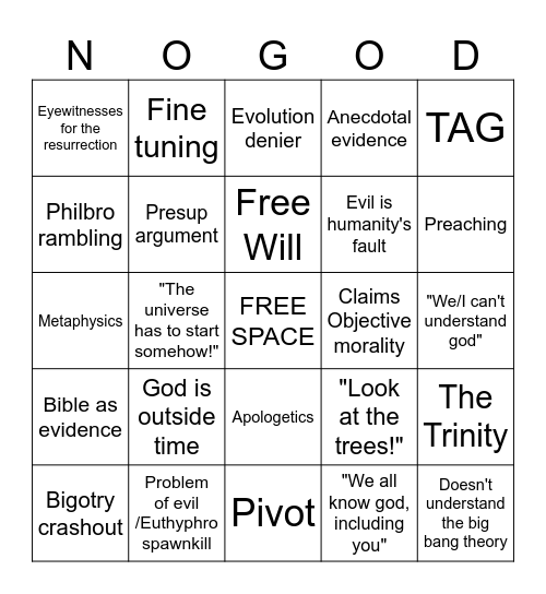 God Debate Bingo Card