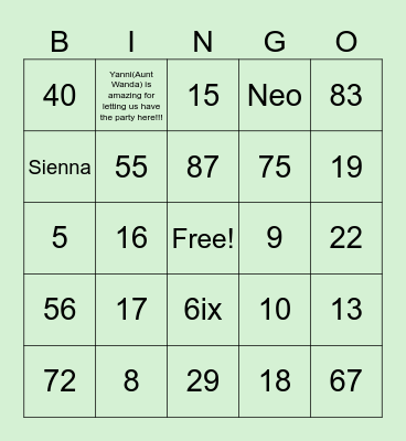 Sienna’s Family Bingo Card