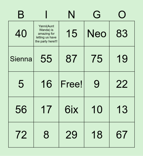 Sienna’s Family Bingo Card