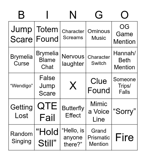 Dechart Games Until Dawn Bingo Card
