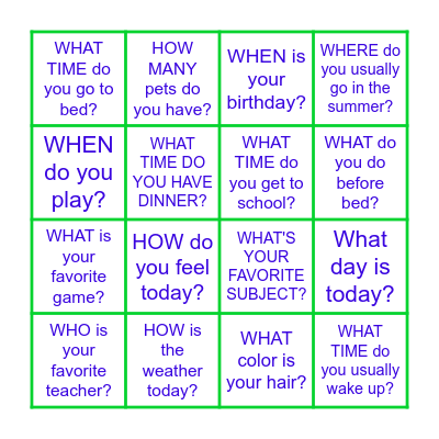 QUESTION WORDS Bingo Card
