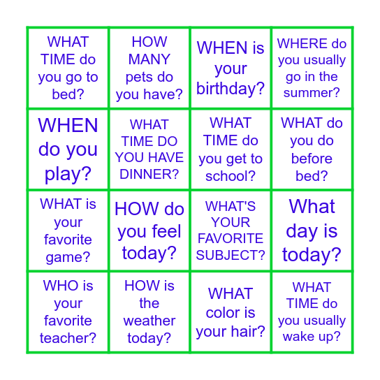 QUESTION WORDS Bingo Card