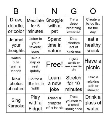 Coping Skills Bingo Card
