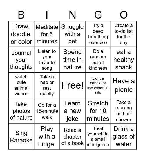 Coping Skills Bingo Card
