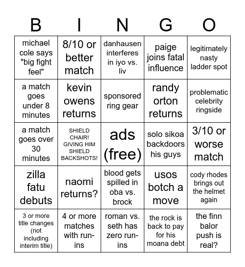 summerslam Bingo Card