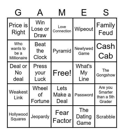 TV Game Show Bingo Card