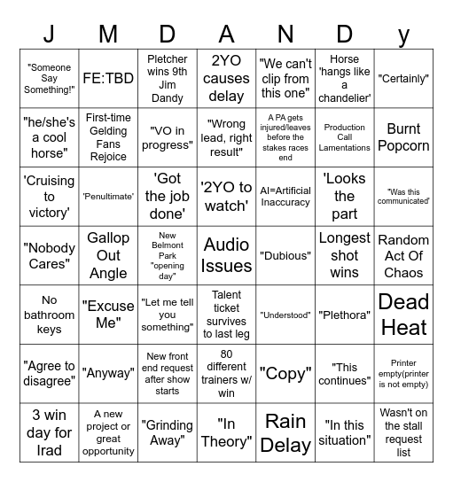 Jim Dandy Weekend BINGO Card
