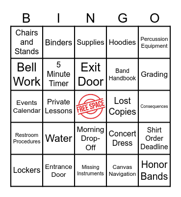 Band Room Expectations Bingo Card