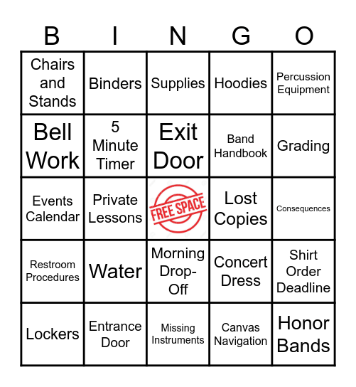 Band Room Expectations Bingo Card