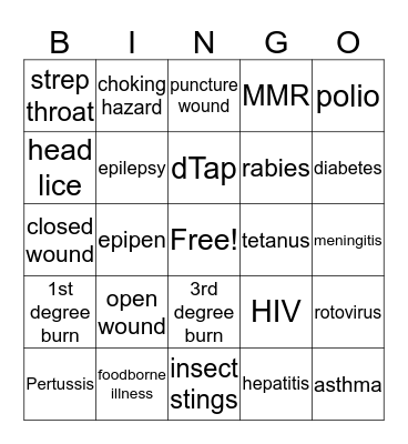 Chapter 13 Children's Health Bingo Card