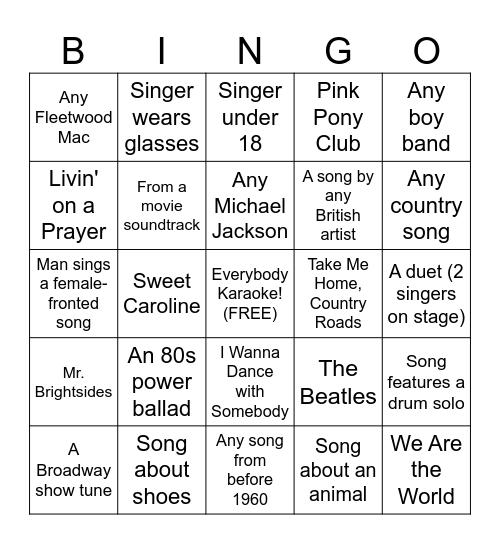 Backyard Karaoke Bingo Card