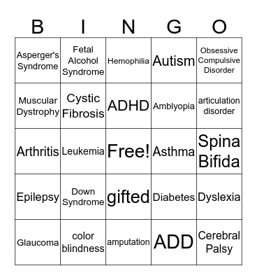 Chapter 31 Special Needs Bingo Card