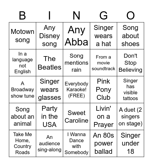 Backyard Karaoke Bingo Card