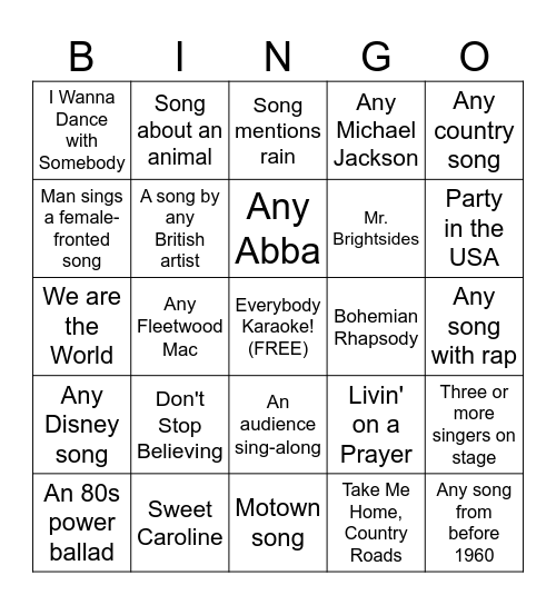 Backyard Karaoke Bingo Card