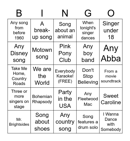 Backyard Karaoke Bingo Card