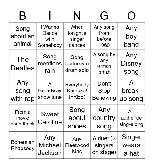 Backyard Karaoke Bingo Card