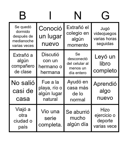 Bingo de Vacaciones Bingo Card