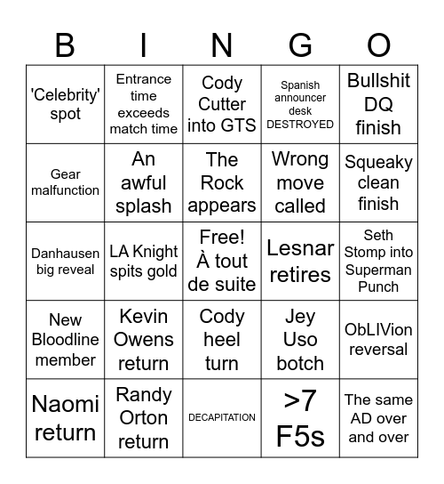SummerSlam 2026 Bingo Card