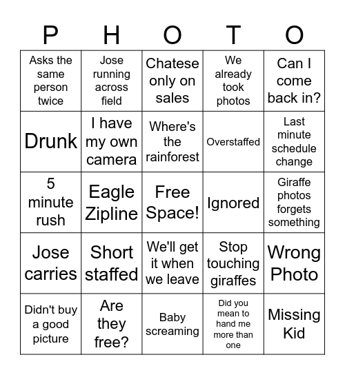 Zoo Photo Bingo Card
