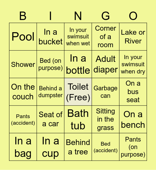 Places You've Peed Bingo Card