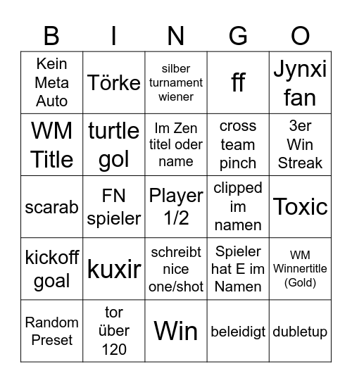 Rocket League Bingo Card