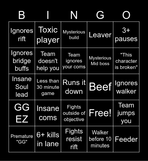Deadlock Bingo Card