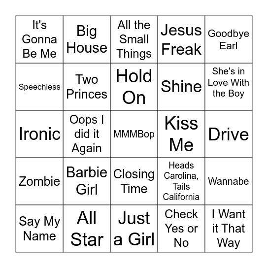 😎 90's Hits 😎 Bingo Card