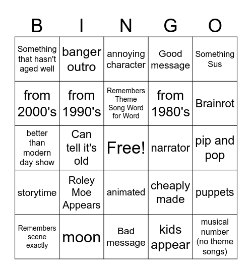 Nostalgia Bingo Card